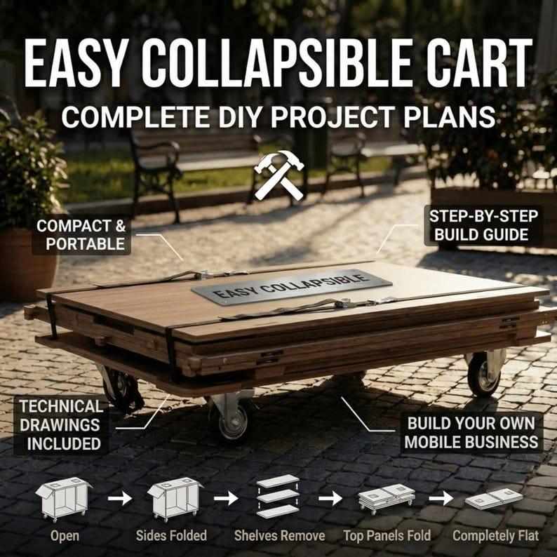 Puede incluir: Un carro plegable marr&oacute;n con el texto "EASY COLLAPSIBLE CART" y "COMPLETE DIY PROJECT PLANS". El carro se muestra en varias etapas de montaje, de abierto a completamente plano. Incluye dibujos t&eacute;cnicos y una gu&iacute;a de construcci&oacute;n paso a paso.