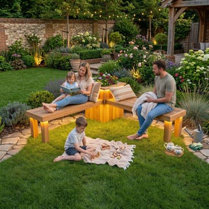 May include: An L-shaped wooden garden bench with integrated warm LED lighting under the seats. The bench features horizontal slats, a central corner planter box, and is placed on a lawn. A beige throw pillow rests on the seat.