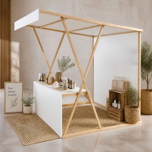 Puede incluir: Un stand blanco y con marco de madera exhibe productos naturales para el cuidado de la piel. El stand tiene una encimera blanca y una alfombra tejida. Un letrero dice "Pure. Natural. Essential." con una ilustración de hoja. Plantas y bolsas de papel complementan la exhibición.