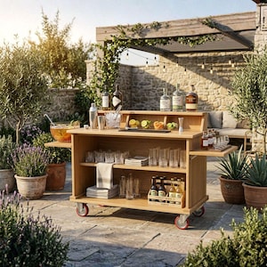 Puede incluir: Un carrito de bar de madera para exteriores con ruedas, repleto de botellas, cristalería y mezcladores. El carrito tiene estantes y un área de servicio, con una coctelera y guarniciones. El bar está instalado en un patio de piedra, con plantas y una pérgola al fondo.