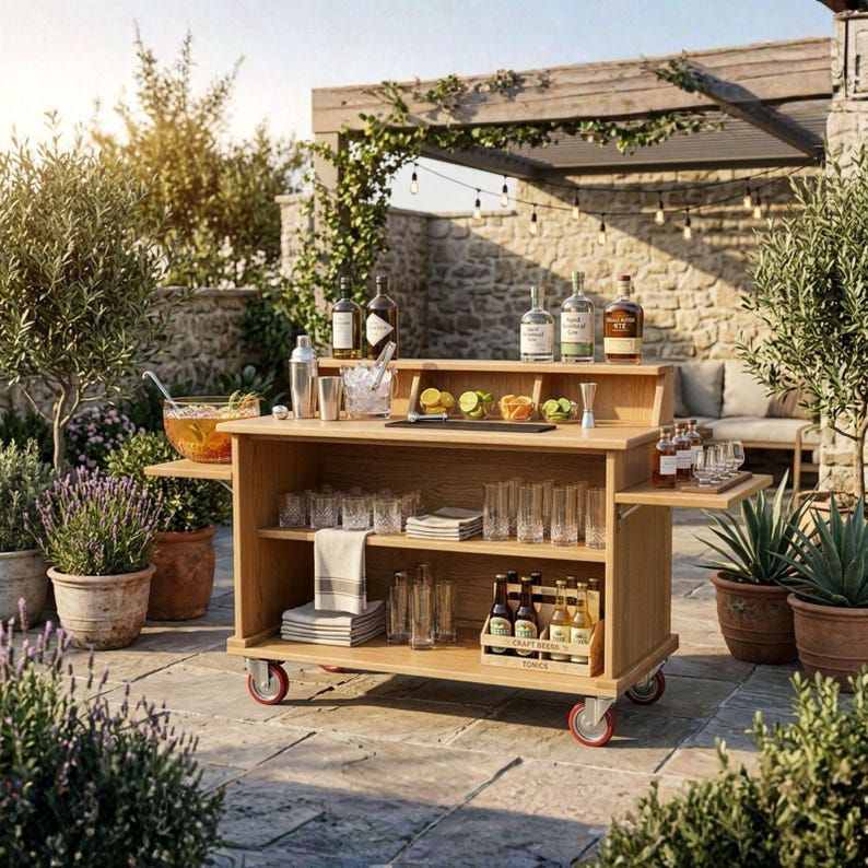 Puede incluir: Un carrito de bar de madera para exteriores con ruedas, repleto de botellas, cristaler&iacute;a y mezcladores. El carrito tiene estantes y un &aacute;rea de servicio, con una coctelera y guarniciones. El bar est&aacute; instalado en un patio de piedra, con plantas y una p&eacute;rgola al fondo.