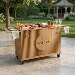 May include: A wooden food cart laden with cheese, fruit, and pickles. The cart features a circular sign reading "Food Cart". It stands on wheels and has a side table with a napkin embroidered with the initials "E&J". The cart is outdoors.