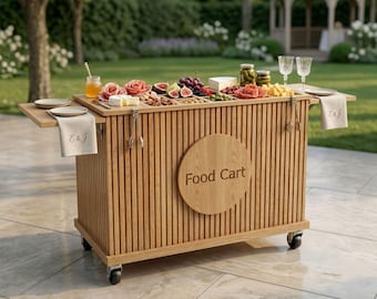 May include: A wooden food cart with a variety of food items, including cheese, fruit, and pickles. The cart has a round sign that says "Food Cart". The cart is on wheels and has a side table with a napkin that has the initials "E&J".