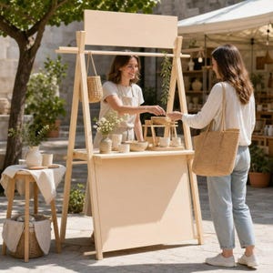 May include: A light-coloured wooden A-frame display stand with a flat top sign area and a central shelf. The stand features a horizontal crossbar for hanging items and a solid front panel. It is designed for showcasing small goods and decorative items.