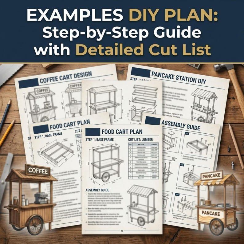 May include: A collection of DIY plan sheets for building food carts, including coffee and pancake stations. The sheets feature detailed diagrams, cut lists, and assembly guides. The text at the top reads "EXAMPLES DIY PLAN: Step-by-Step Guide with Detailed Cut List."