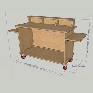 Puede incluir: Un carro de madera de color marr&oacute;n claro con una estanter&iacute;a superior con tres compartimentos y dos estanter&iacute;as laterales. El carro mide 152 cm de ancho, 66 cm de profundidad y 105 cm de alto, y tiene ruedas rojas para la movilidad.