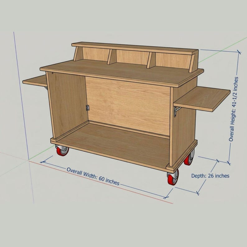 Puede incluir: Un carro de madera de color marr&oacute;n claro con una estanter&iacute;a superior con tres compartimentos y dos estanter&iacute;as laterales. El carro mide 152 cm de ancho, 66 cm de profundidad y 105 cm de alto, y tiene ruedas rojas para la movilidad.