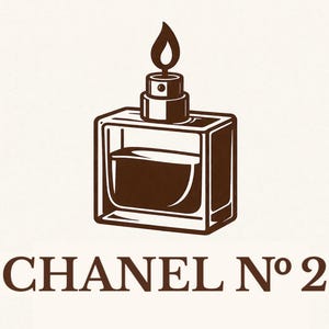 K&ouml;nnte beinhalten: Illustration eines braunen Parf&uuml;mflakons mit flammenf&ouml;rmigem Aufsatz. Die Flasche ist rechteckig mit abgerundeter Basis. Der Text "CHANEL N&deg;2" ist darunter in Braun gedruckt.