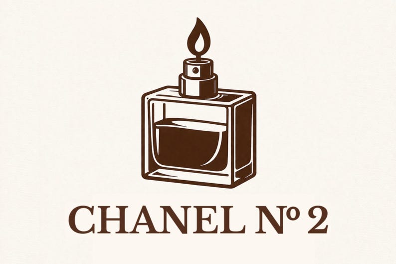 K&ouml;nnte beinhalten: Illustration eines braunen Parf&uuml;mflakons mit flammenf&ouml;rmigem Aufsatz. Die Flasche ist rechteckig mit abgerundeter Basis. Der Text "CHANEL N&deg;2" ist darunter in Braun gedruckt.