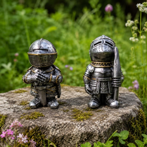 A garden gnome decked out in full medieval knight armor — it's the yard ornament for people who think regular gnomes are too mainstream.