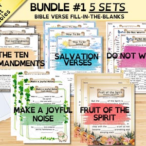 May include: A bundle of five sets of Bible verse fill-in-the-blank printables. Each set features a different theme, including the Ten Commandments, Salvation Verses, and Fruit of the Spirit. The printables are designed with colorful backgrounds and decorative elements.