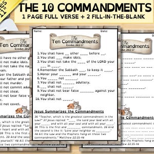May include: Three printable worksheets, each 8.5" x 11", with the text "The 10 Commandments" and "Jesus Summarizes the Commandments." The worksheets include fill-in-the-blank sections and Bible verses. The background is a wood-like texture.