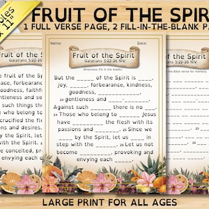 May include: Printable Bible study sheets titled "Fruit of the Spirit" with a full verse page and two fill-in-the-blank pages. The pages have a decorative floral border and text that reads "Large Print for All Ages."