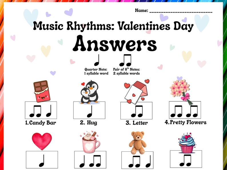 Elementary Rhythm Activity for Valentines Day and Answer Sheet (PDF ...