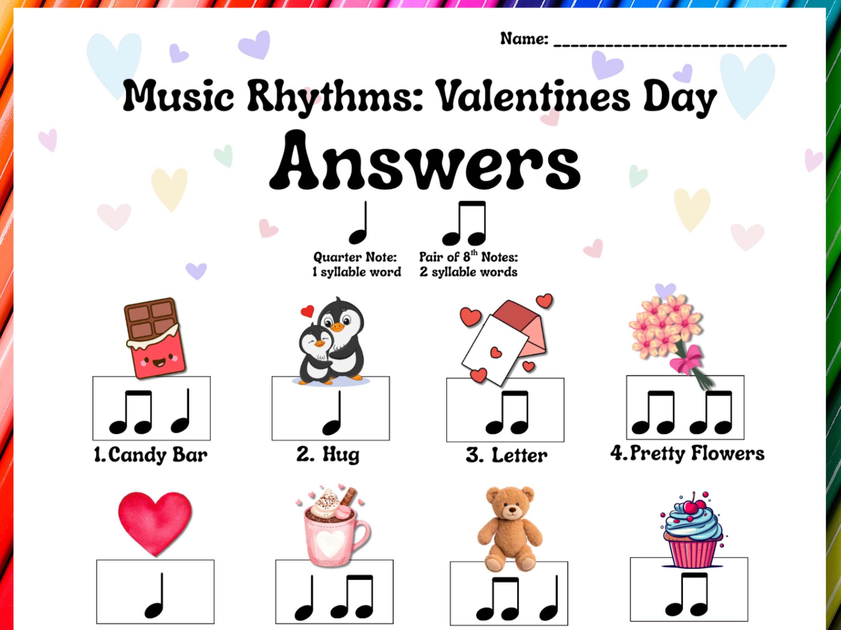 Elementary Rhythm Activity for Valentines Day and Answer Sheet (PDF ...