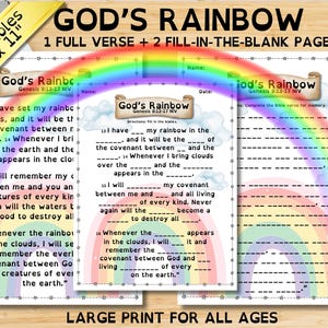 May include: Printable worksheets with the text "God's Rainbow" and Bible verses. The pages feature a rainbow design and fill-in-the-blank sections. The worksheets are 8.5" x 11" and designed for all ages.