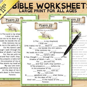 May include: Three printable Bible worksheets, 8.5 x 11 inches, featuring Psalm 23. Each worksheet has fill-in-the-blank sections and a lamb illustration. The text "BIBLE WORKSHEETS LARGE PRINT FOR ALL AGES" is at the top.