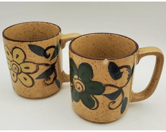 VTG Stoneware Brown Floral Speckle Glazed Coffee Mugs Set of 2 Some Chips On Rim