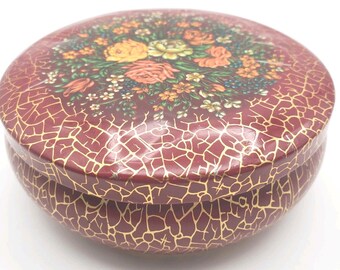 VTG Daher Tin Canister Made in England Deep Red Floral Some Dents And Scratces