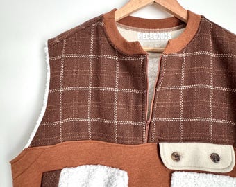Brown Plaid Half Zip Pullover Upcycled Vest