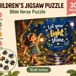 Puede incluir: Un rompecabezas infantil de 30 piezas que mide 25,4x20,3 cm, con una escena de bosque con un niño sosteniendo una linterna, un ciervo, un conejo y una ardilla. El texto dice Let your light shine y Matthew 5:16, con iconos para edad 3+.