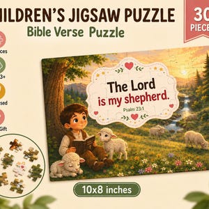 以下が含まれることがあります： 30ピースの子供用ジグソーパズルで、サイズは25.4 x 20.3 cmです。絵柄は、野原で3匹の子羊と一緒に本を読んでいる子供の風景です。パズルには「The Lord is my shepherd. Psalm 23:1」というテキストが書かれています。