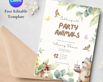 Party Animals Birthday Invitation, Safari Theme (Editable Canva Template)