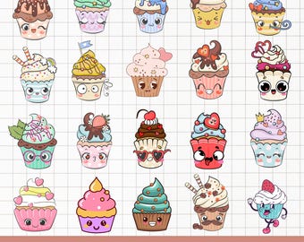 Kawaii Cupcake PNG Bundle | 20 Cute Dessert Clipart | Transparent Background | Digital Download | Commercial Use | 300 DPI