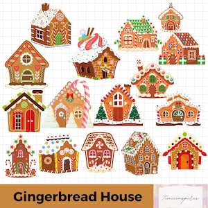 May include: A collection of colorful gingerbread houses with various designs, including candy canes, frosting, and decorative details. The houses are in shades of brown, red, green, and white, perfect for holiday crafts and decorations. The text "Gingerbread House" is at the bottom.