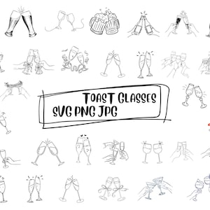 Puede incluir: Una colección de ilustraciones en blanco y negro de varios vasos de brindis, incluyendo copas de champán, jarras de cerveza y copas de vino. También está presente el texto "TOAST GLASSES SVG PNG JPG".