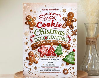 Convite para festa de decoração de biscoitos de Natal, modelo editável no Canva (5x7 polegadas)