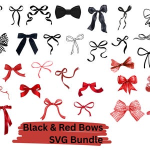 Puede incluir: Una colección de lazos negros y rojos en varios estilos, incluyendo diseños sólidos, a cuadros y delineados. La imagen incluye el texto "Black & Red Bows SVG Bundle" en una pancarta roja.