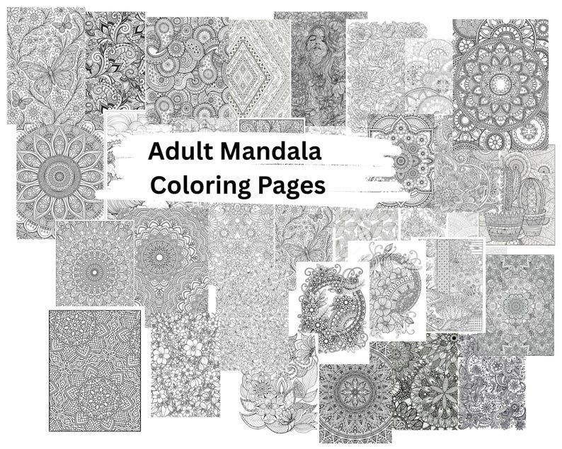 May include: A collection of black and white adult mandala coloring pages. The pages feature various intricate designs, including floral patterns, geometric shapes, and detailed illustrations. The text "Adult Mandala Coloring Pages" is displayed across the image.