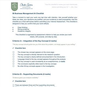 Op de afbeelding: Een witte checklist getiteld "IB Business Management IA Checklist" met tekst en selectievakjes. De checklist is ontworpen om te helpen bij zelfevaluatie voordat een interne beoordeling wordt ingediend. De checklist bevat criteria voor helder denken, sterk bewijs.