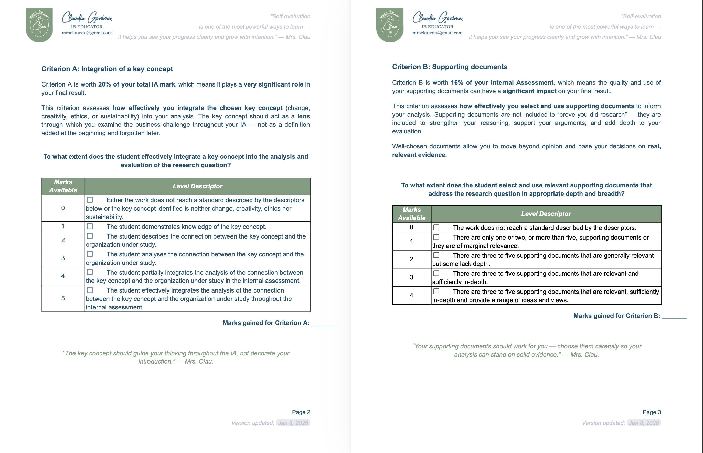 Ib Documents IB Business Management Internal Assessment Toolkit, Checklist, Grading ...