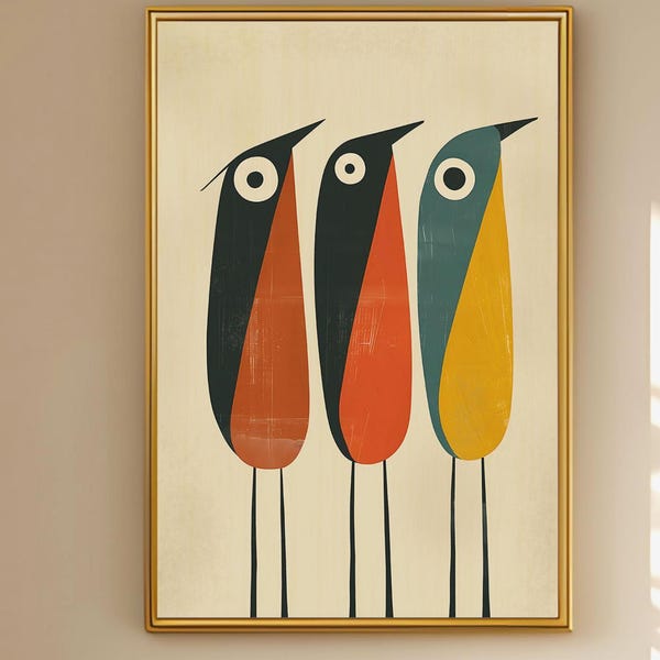 Modern Mid Century Tall Birds Wall Art, Retro Folk Print Minimalist, Canvas or Print