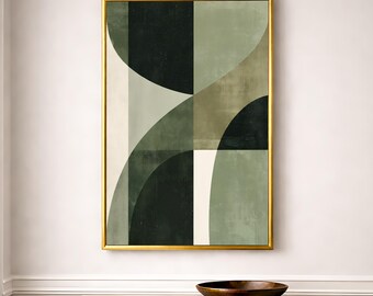 Mid-Century Modern Geometric Abstract Wall Art, Sage Green, Textured Paper-Grain Look, Home Decor Print or Canvas