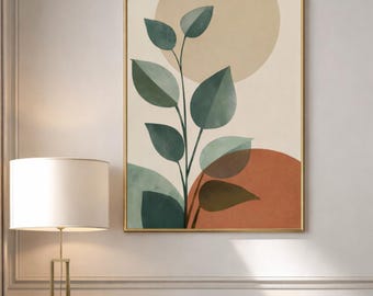 Mid-Century Botanical Leaves Wall Art Print, Sage Greens and Beige, Warm Colors Home Office Decor
