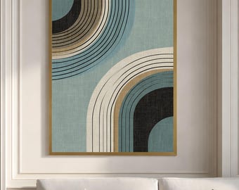 Mid-Century Modern Geometric Abstract Wall Art, Blue Teal, Subtle Linen Look Print, Home Decor