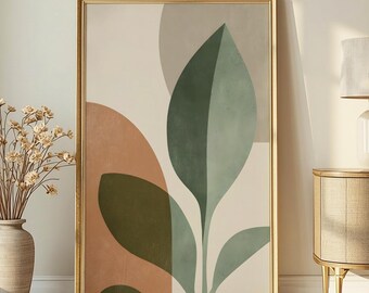 Mid Century Modern Sage Botanical Wall Art, Plant Leaf Home Decor Print, Warm Colors