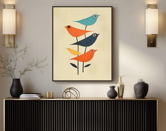Modern Bird Wall Art, Whimsical Mid-Century Folk Abstract, Framed Canvas Print for Home Decor,