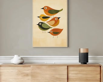 Mid Century Modern Birds Wall Art, Whimsical Folk Abstract, Retro Earthy Tones, Poster or Framed Canvas,