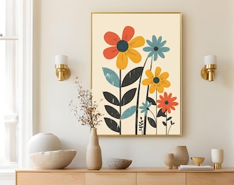 Modern Mid Century Folk Floral Wall Art Print, Botanical Abstract Poster or Canvas Framed, Home Decor Flowers