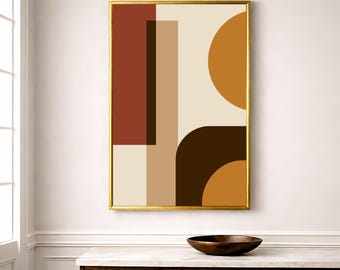 Mid-Century Modern Geometric Print, Brown Beige Color Tones, Solid Shapes, Home Art Decor Canvas