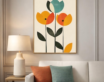 Modern Folk Floral Wall Art Print, Botanical Abstract, Mid Century Inspired Home Decor, Poster or Canvas