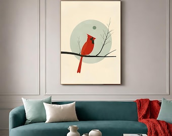 Modern Mid Century Cardinal Wall Art, Whimsical Folk Red Bird Abstract, Canvas Print or Poster