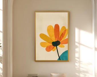 Mid-Century Modern Flower Print, Retro Orange Teal Botanical Art (Poster or Canvas)