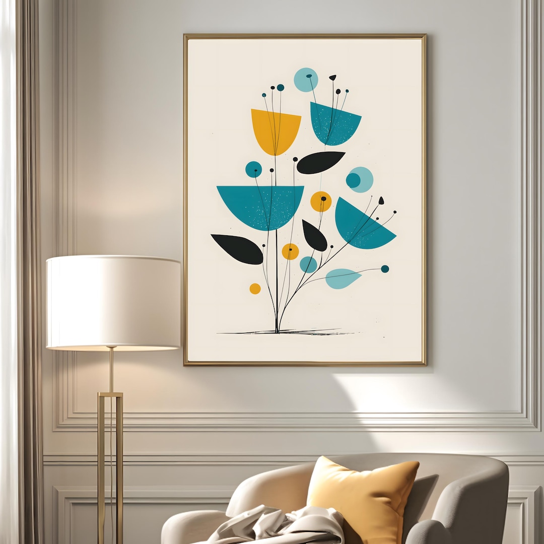 Mid Century Modern Abstract Botanical Wall Art, Simple Flower Shapes ...