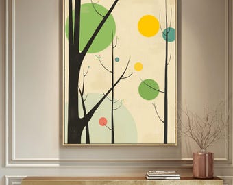 Mid-Century Modern Tree Art Print, Spring Wall Decor, Abstract Geometric Circles