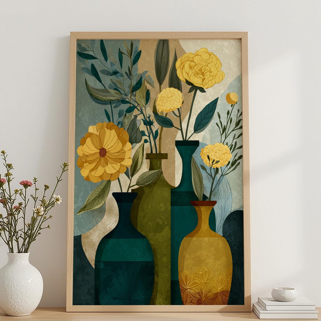 Wall Art Botanical Vases Print Decor, Yellow Teal Gold Palette, Poster ...